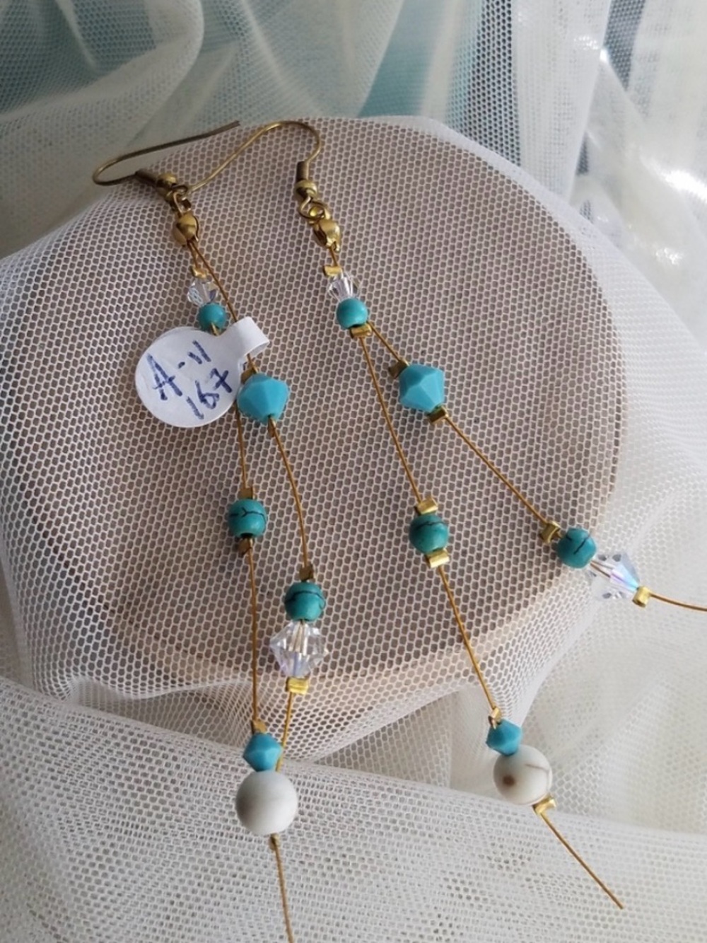 Swarovski Elements Unique Long Turquoise Gold Earrings Handmade NEW